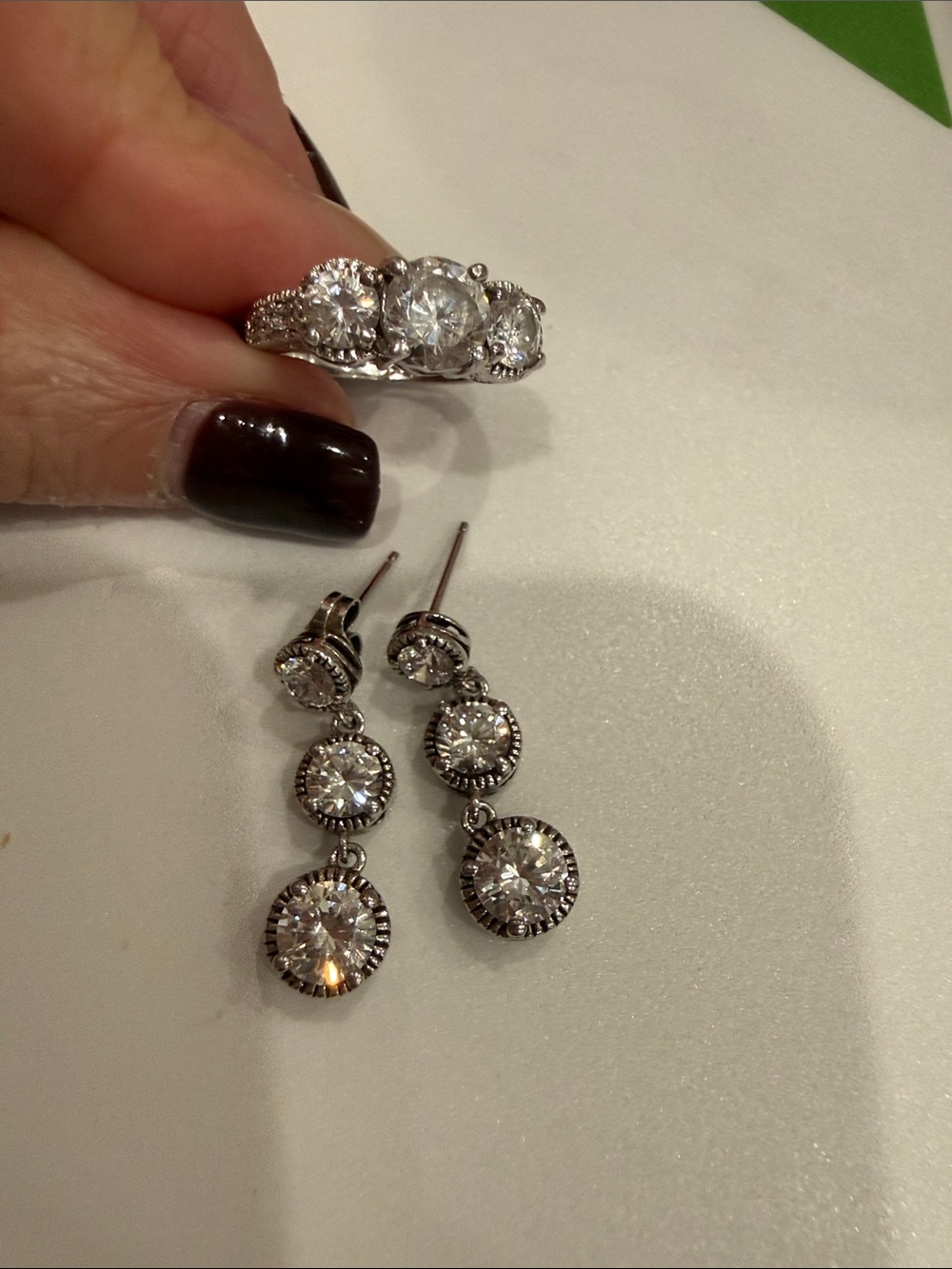 Sterling Silver Cubic Zirconia Three-Stone Ring and Drop Earrings Set in Silver